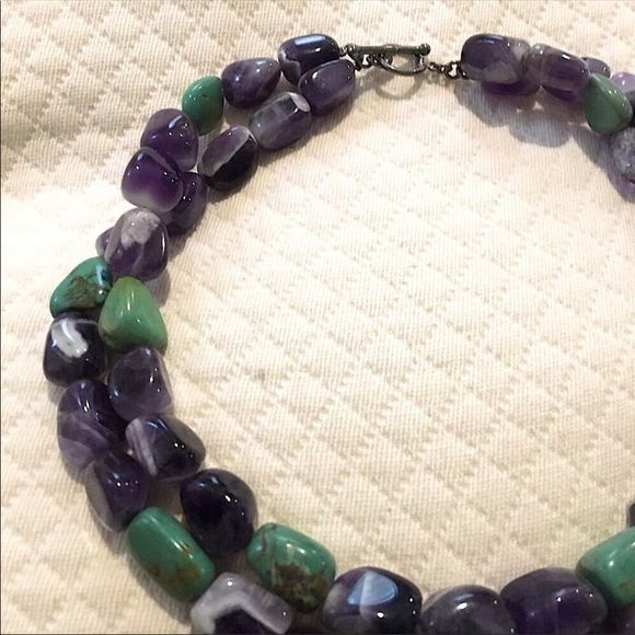 VINTAGE Amethyst and Turquoise Double Strand Sterling Silver Necklace - Picture 3 of 11